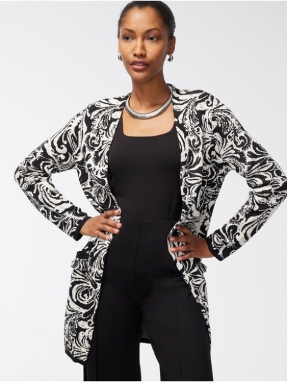 CHICO’S 4 Textured Tiles Maxi Cardigan in Black & White • Paisley Jacquard XXL